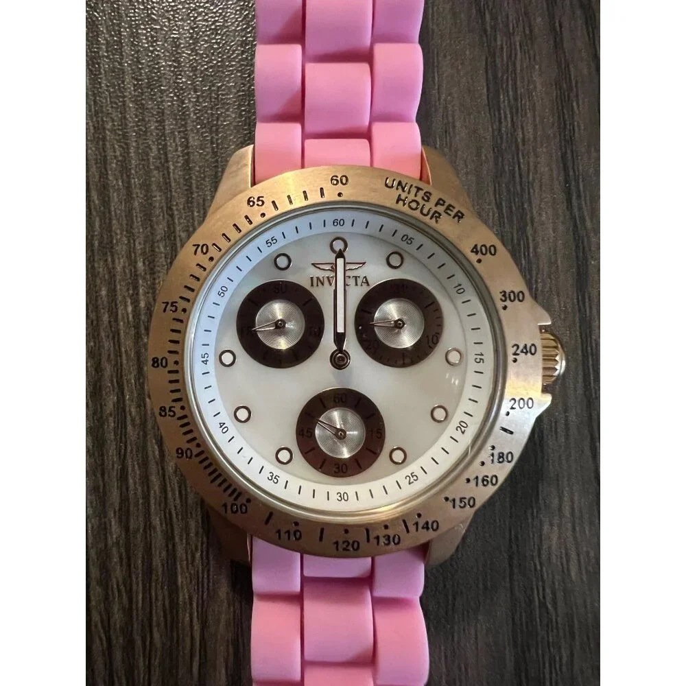 Invicta Womens Pink Silicone Strap Chronograph Watch With Gold-Tone Stainless